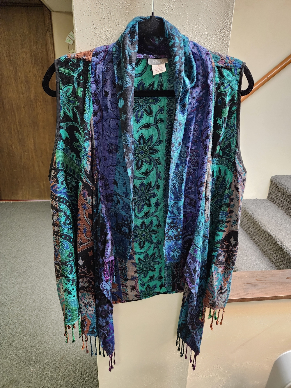 Anu Sz S Colorful Lagenlook Vest - Teal & Purple Fringe Boho